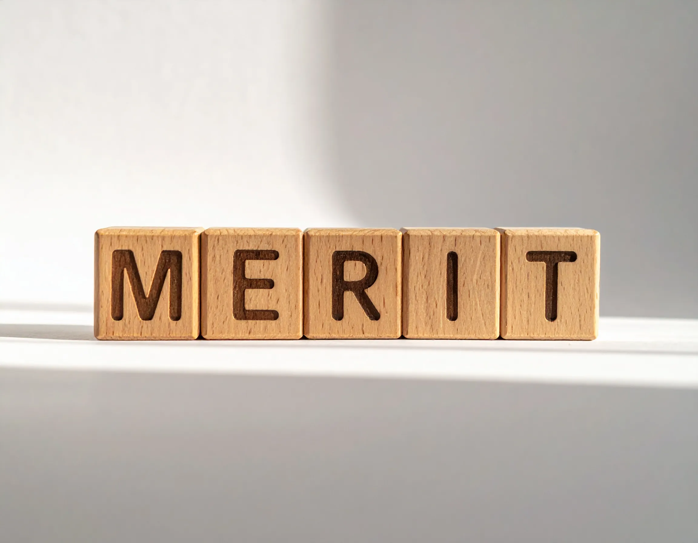 木製のアルファベットブロックで「MERIT」という文字が横一列に並べられている画像
